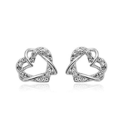 Alloy Heart Shape Stud Earrings for Women and Girls, Cubic Zirconia Hollow Heart Contemporary Studs