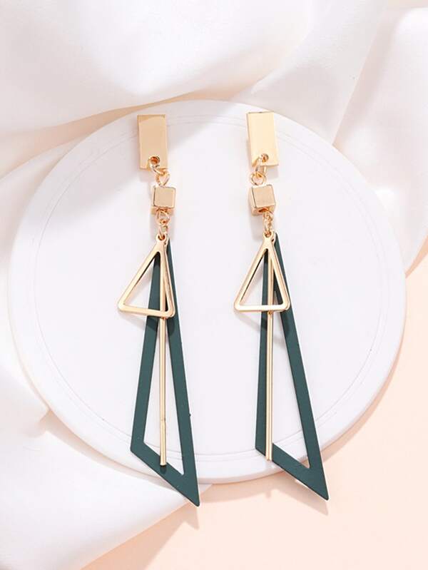 Hollow Triangle Long Earrings Geometric Drop Jewellery for Women and Girls (Green & Gold) Alloy, Zinc Drops & Danglers