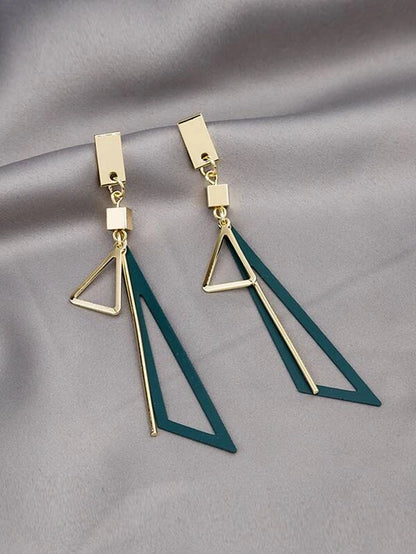 Hollow Triangle Long Earrings Geometric Drop Jewellery for Women and Girls (Green & Gold) Alloy, Zinc Drops & Danglers