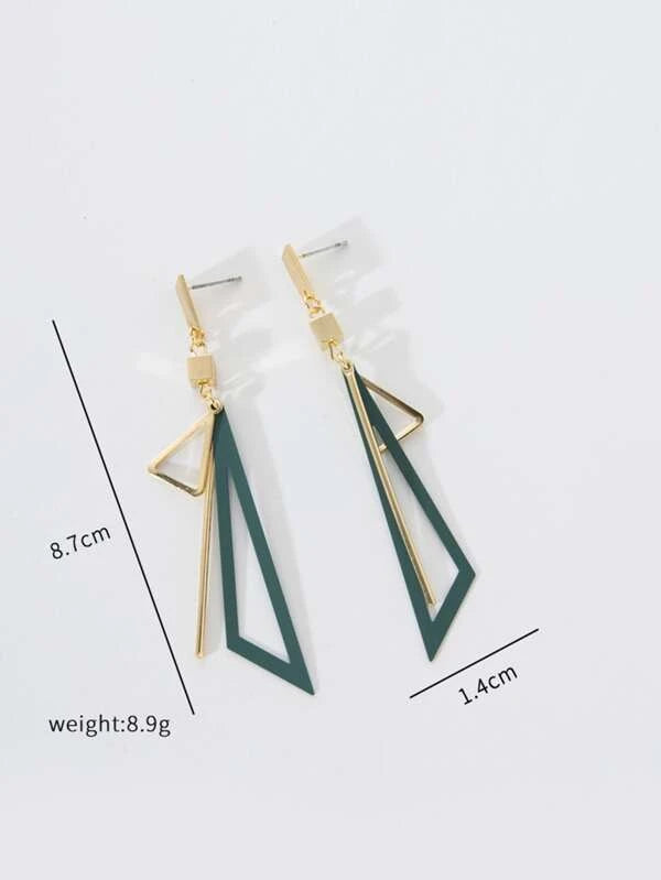 Hollow Triangle Long Earrings Geometric Drop Jewellery for Women and Girls (Green & Gold) Alloy, Zinc Drops & Danglers