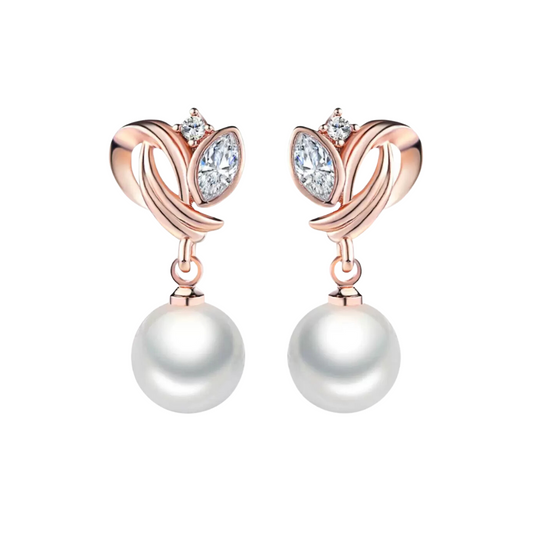 Nilu's Collection Simulated Pearl Drop Earrings for Women, Cubic Zirconia Pearl Beads Earring, Rose Gold and Silver
