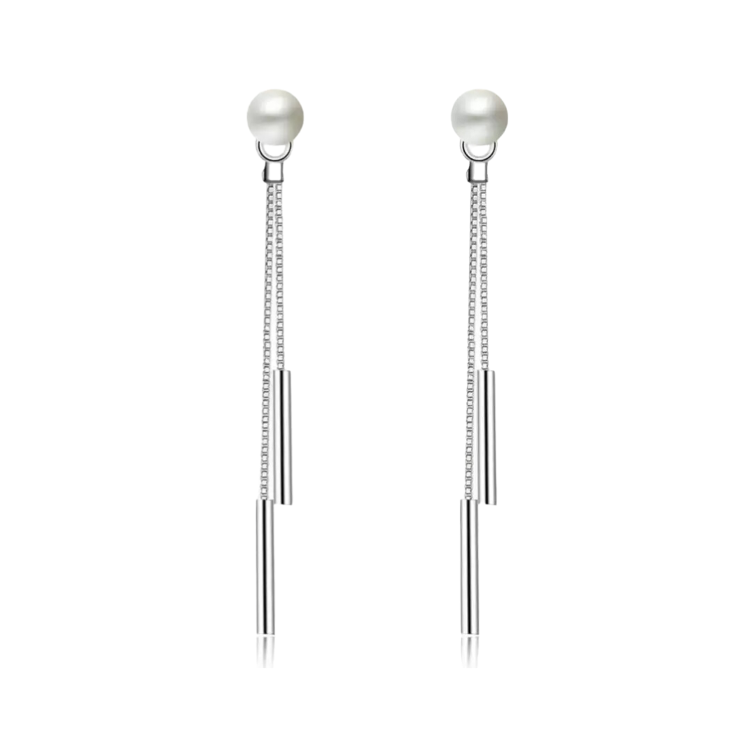 Trendy Silver Colour Simulated Pearl Double Chain Drop Earrings Alloy, Zinc Drops & Danglers