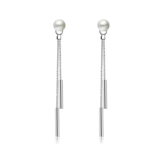 Trendy Silver Colour Simulated Pearl Double Chain Drop Earrings Alloy, Zinc Drops & Danglers