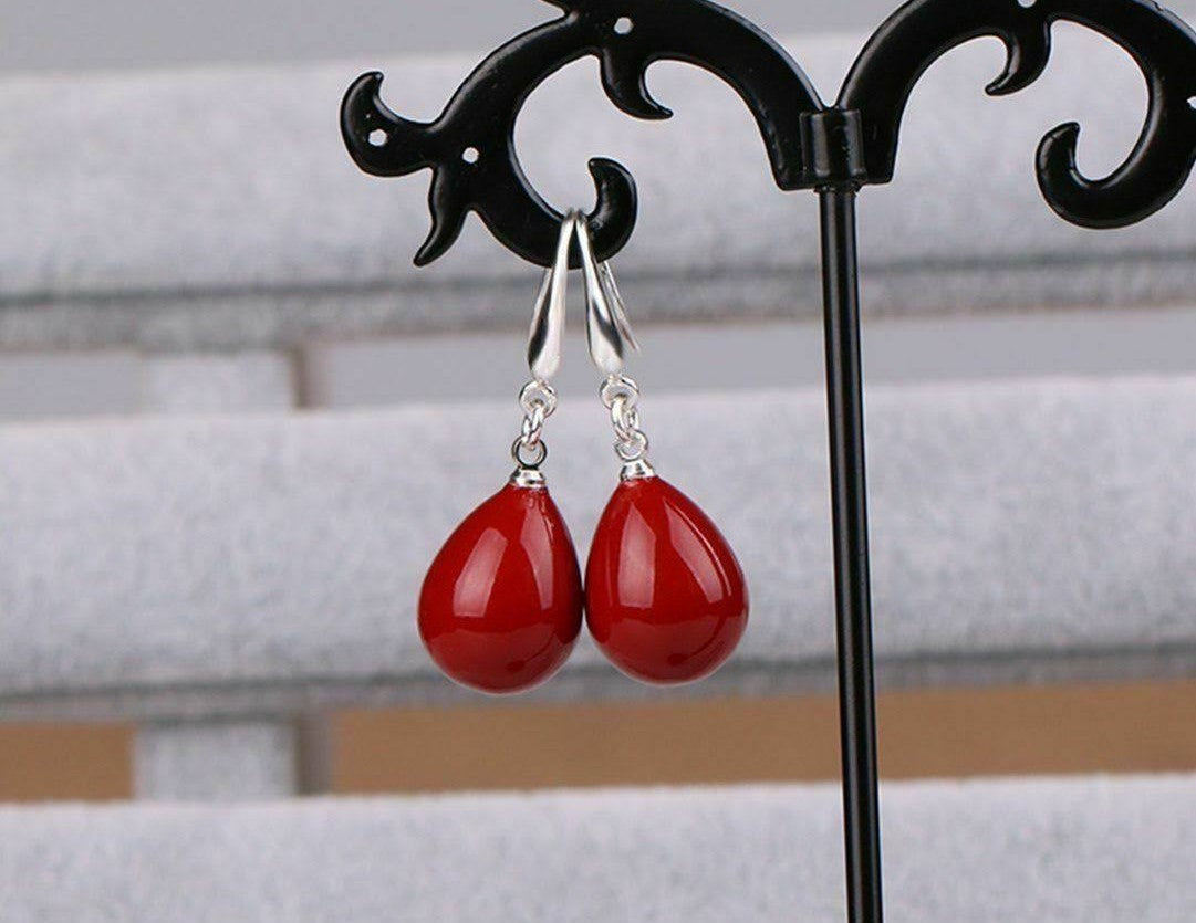 Cherry Pearl Drop Sterling Silver Earrings for Girls and Women, Dangling Fancy Western Trendy Earring, Red or White