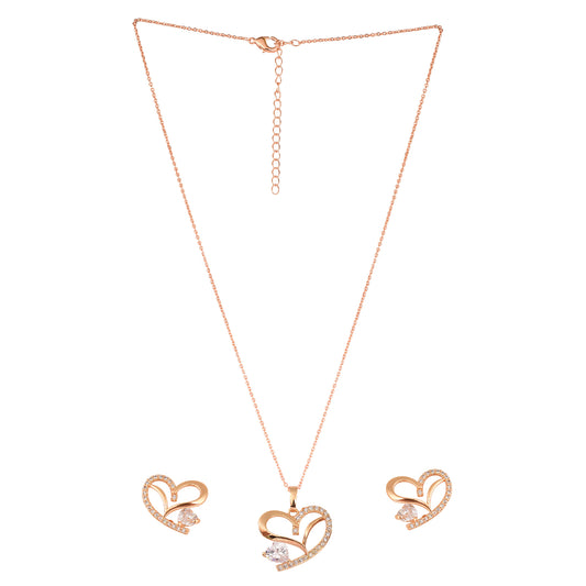 Nilu's Collection American Diamond Rose Gold Plated Love Shaped Pendant Necklace Set with Chain & Stud Earring for Girls and Women