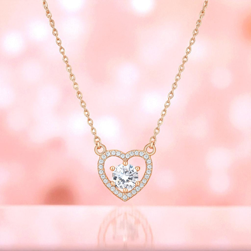 Nilu's Collection Rose Gold Plated Heart Pendant Necklace with American Diamond For Women and Girls