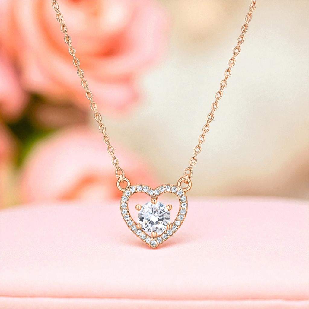 Nilu's Collection Rose Gold Plated Heart Pendant Necklace with American Diamond For Women and Girls
