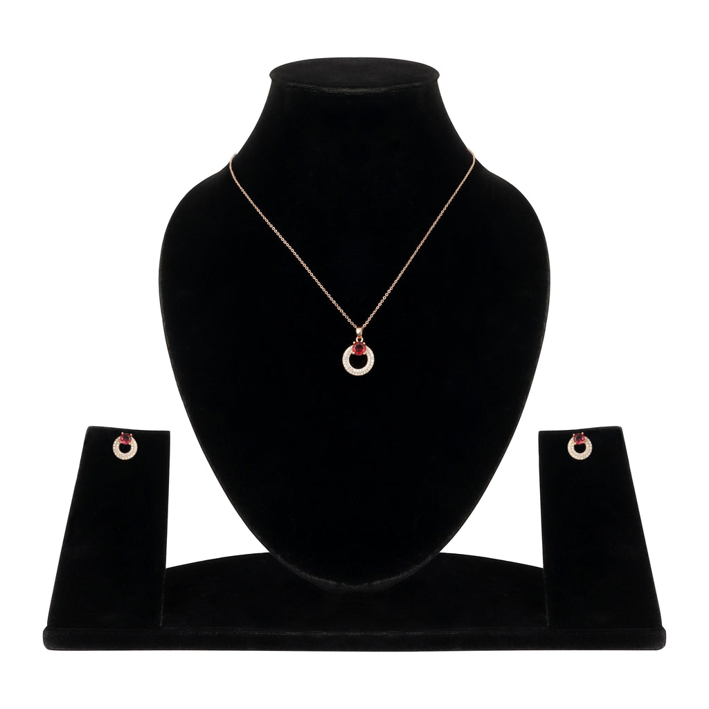 Rose Gold Plated Red Ruby Stone Pendant Necklace and Earring Set for Women and Girls