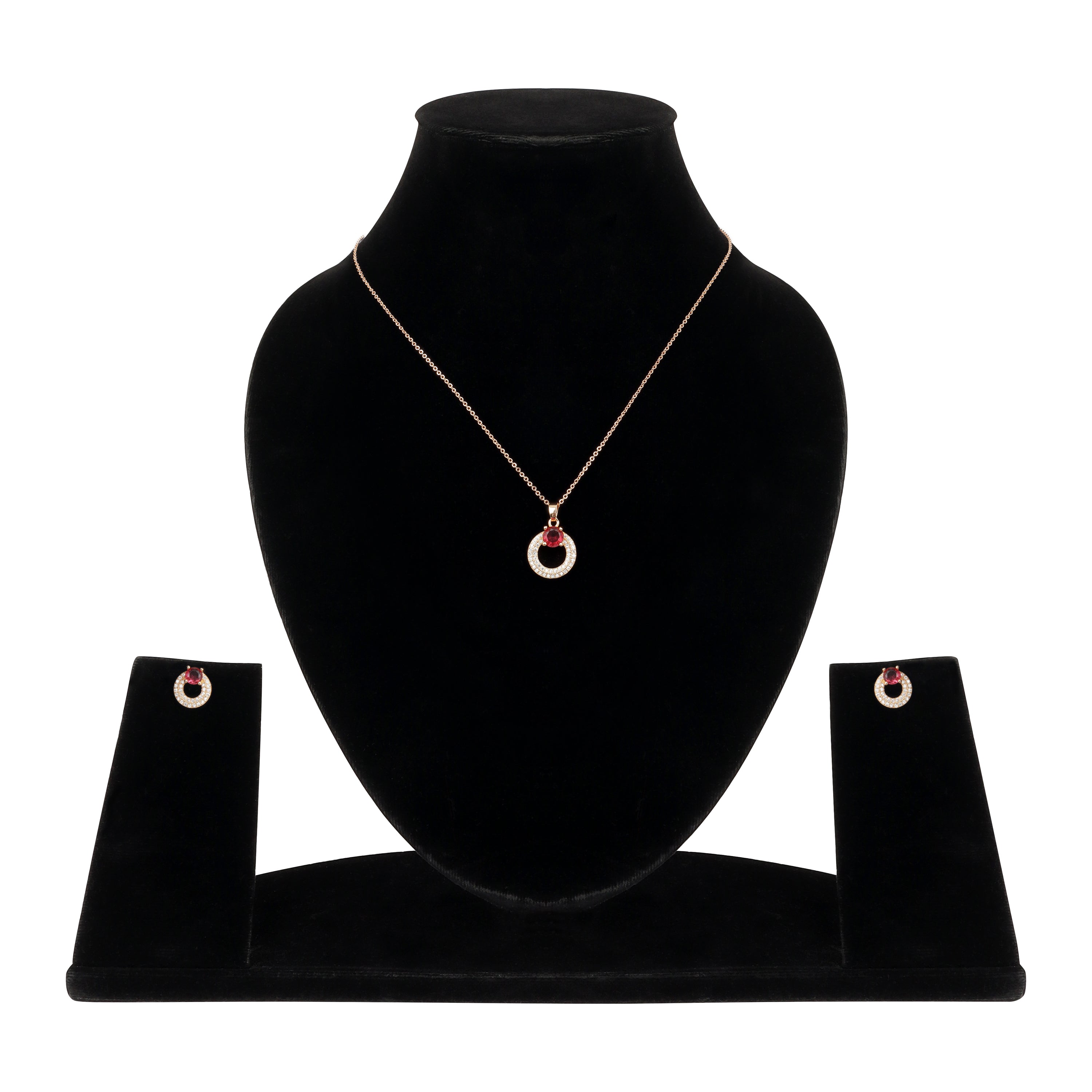Rose Gold Plated Red Ruby Stone Pendant Necklace and Earring Set for Women and Girls