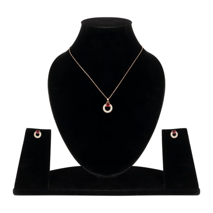 Rose Gold Plated Red Ruby Stone Pendant Necklace and Earring Set for Women and Girls