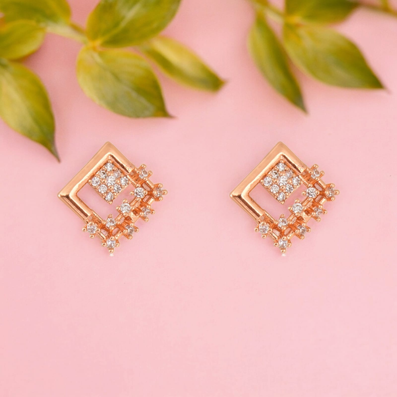 American Diamond Rose Gold Plated Designer Pendant Necklace Set with Chain & Stud Earring for Girls and Women