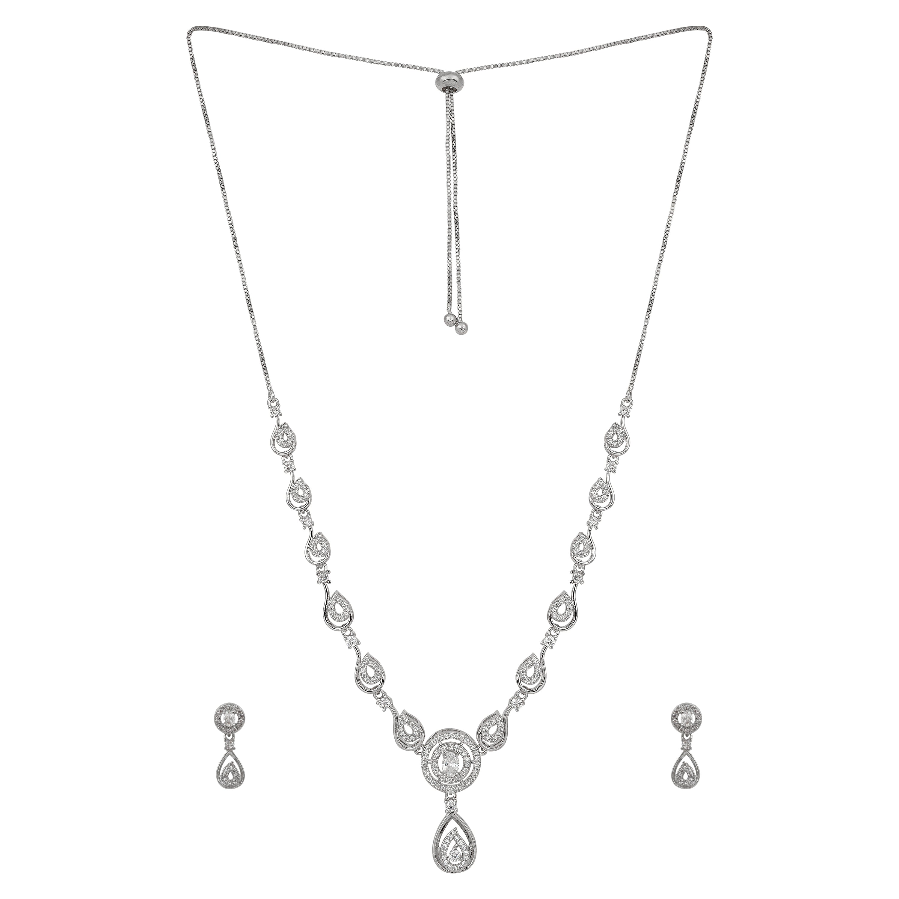 Stylish 18k Rose Gold Plated American Diamond Chain Pendent Necklace & Earrings Set for Women & Girls, Luxury AD Pendant Gift Set for Women, Girls & Her
