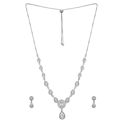 Stylish Silver Plated American Diamond Chain Pendent Necklace & Earrings Set for Women & Girls, Luxury AD Pendant Gift Set for Women, Girls