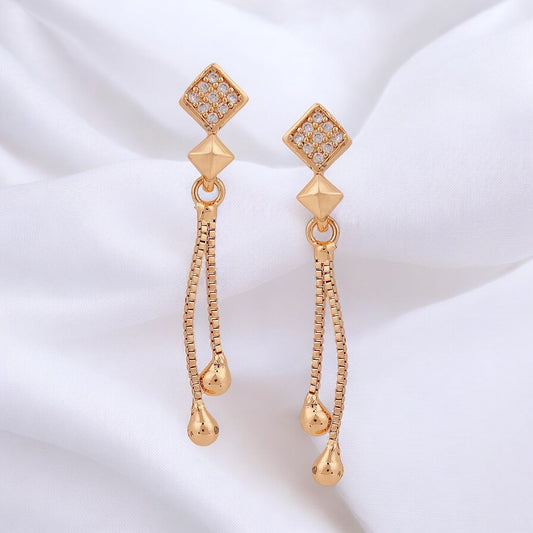 Rose Gold Long Earrings, American Diamond Studded Lightweight Drop Earrings for Women and Girls (Diamond Shape)