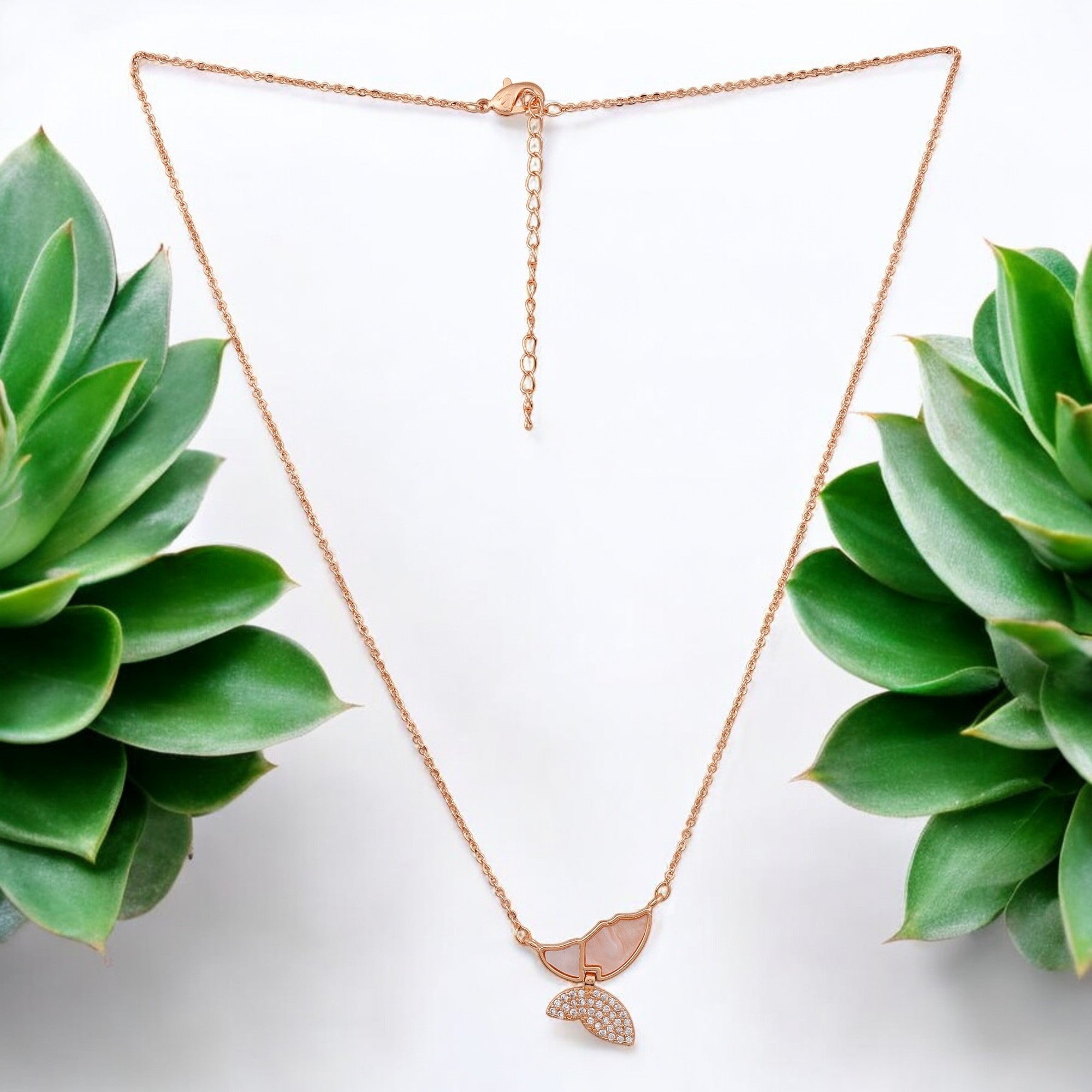 American Diamond Rose Gold Plated Butterfly Designer Pendant with Chain for Girls
