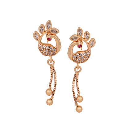 Rose Gold Plated Long Earrings, American Diamond Studded Lightweight Danglers Drop Earrings for Women and Girls (peacock)