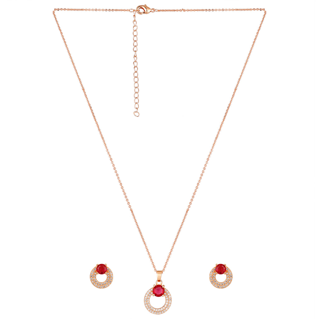 Rose Gold Plated Red Ruby Stone Pendant Necklace and Earring Set for Women and Girls