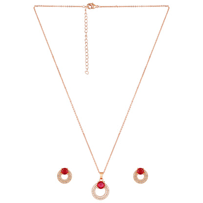 Rose Gold Plated Red Ruby Stone Pendant Necklace and Earring Set for Women and Girls