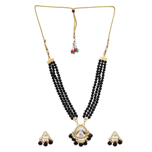 Nilu's Collection Elegant Triple-Layer Black Moti Necklace with Pearl Drop Earrings for womens and girls