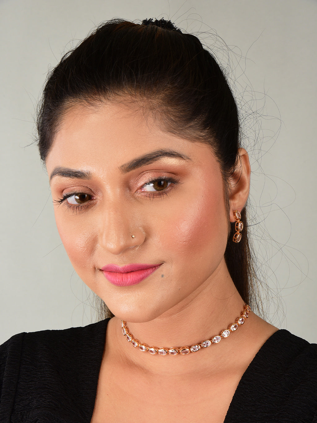 Nilu’s Collection Rose Gold Plated Necklace Set with Matching Earrings | Adjustable Chain | Premium AD Stone Jewelry for Women and Girls