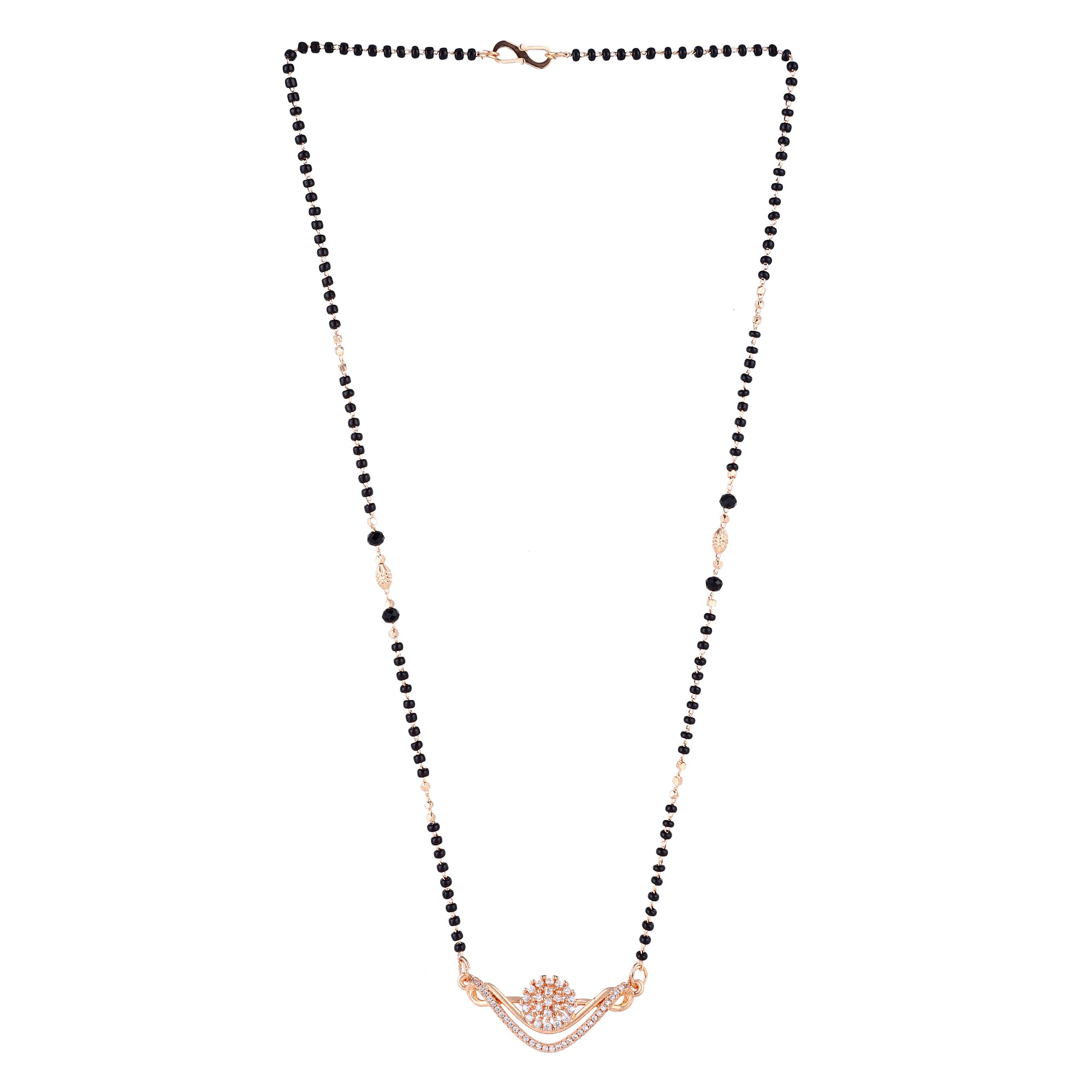 Nilu's Collection Rose Gold Plated CZ Stones  Floral Mangalsutra With  Black Beads For Women