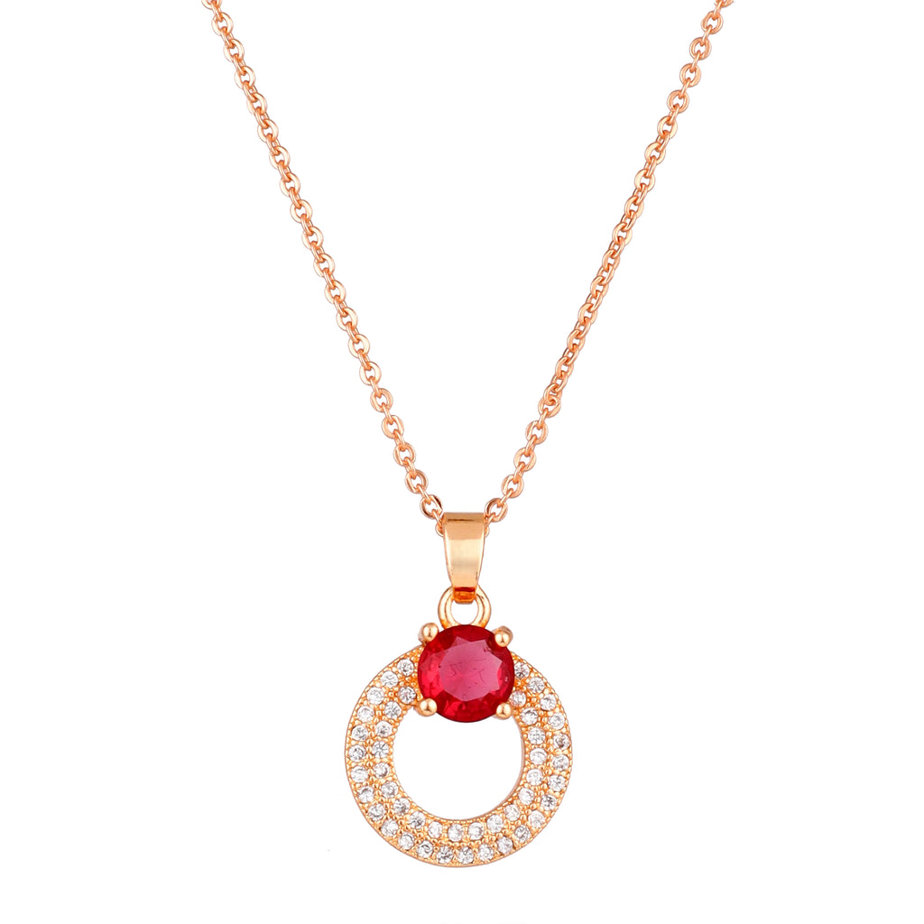 Rose Gold Plated Red Ruby Stone Pendant Necklace and Earring Set for Women and Girls