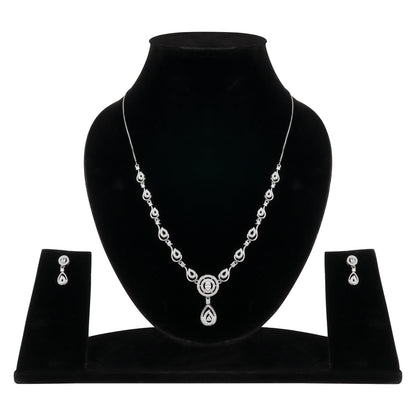 Stylish Silver Plated American Diamond Chain Pendent Necklace & Earrings Set for Women & Girls, Luxury AD Pendant Gift Set for Women, Girls