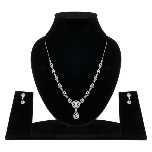 Stylish Silver Plated American Diamond Chain Pendent Necklace & Earrings Set for Women & Girls, Luxury AD Pendant Gift Set for Women, Girls