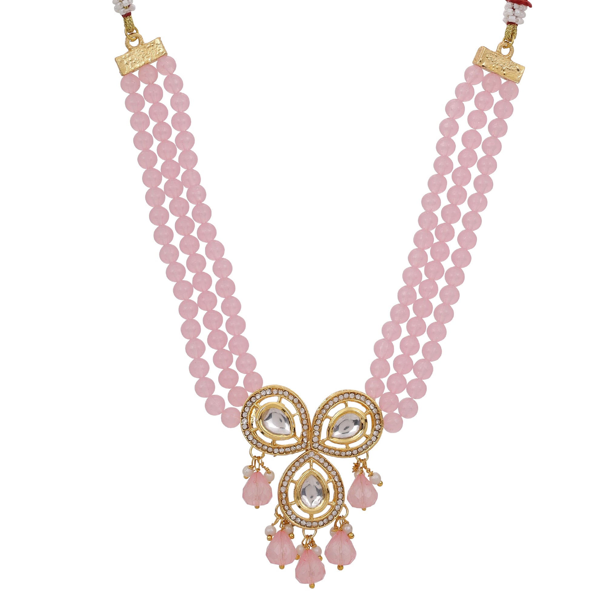 Traditional Necklace with Elegant Triple-Layer Pink Moti Pearl Beads and Decorative Pendant And Pair Of Earrings For Girls And Womens
