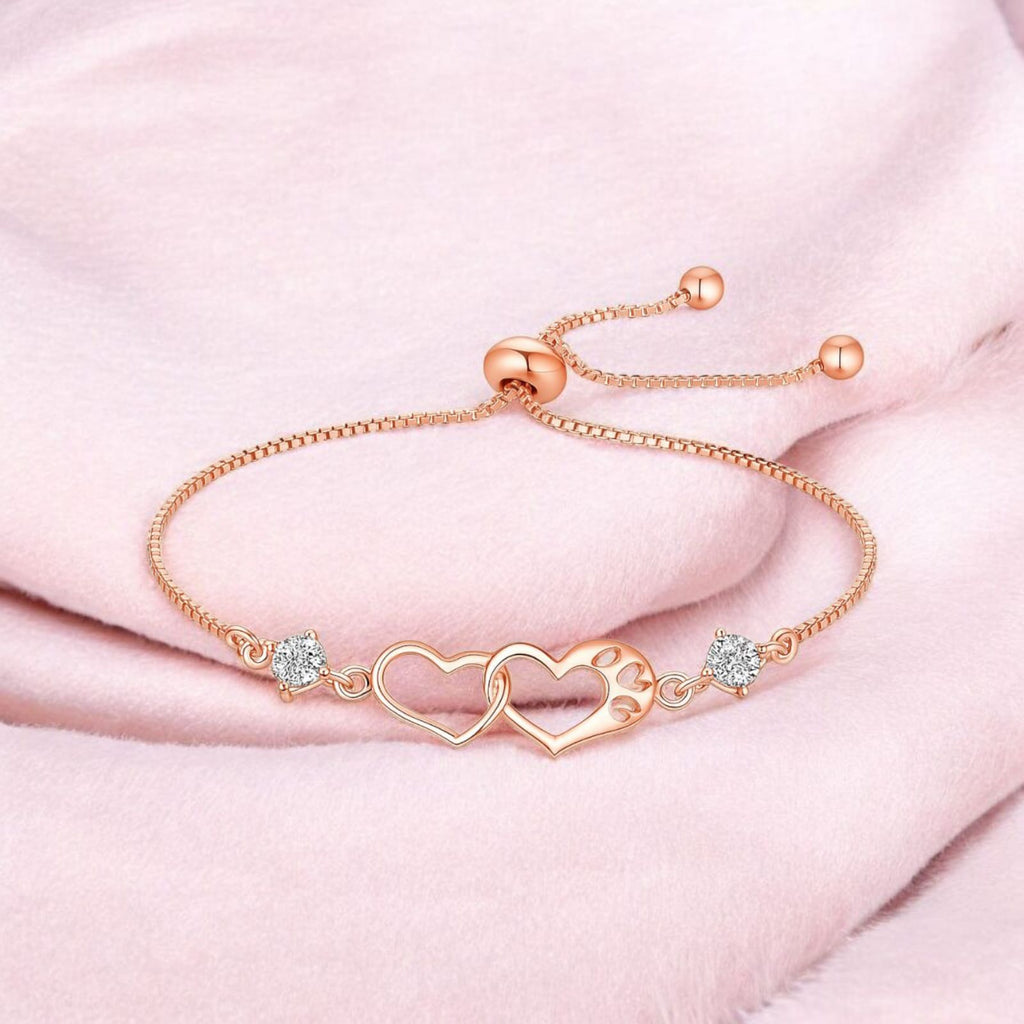 Double Heart Shape Cubic Zirconia Charm Bracelet, Love Bracelet for Women and Girls (Rose Gold)