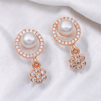 Simulated Pearl Drop Earrings for Women, Cubic Zirconia Pearl Beads Earring, Rose Gold