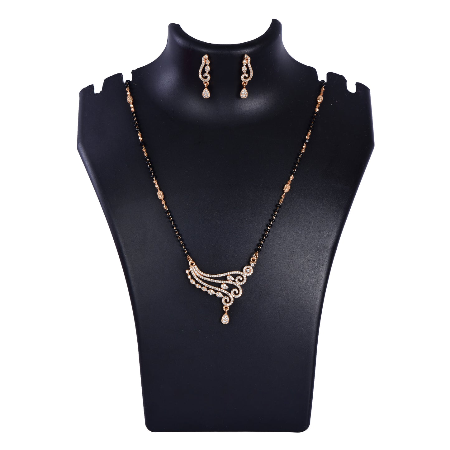 American Diamond Rose Gold Plated Designer Mangalsutra Pendant with Earrings Set for Girls and Women (With Chain)