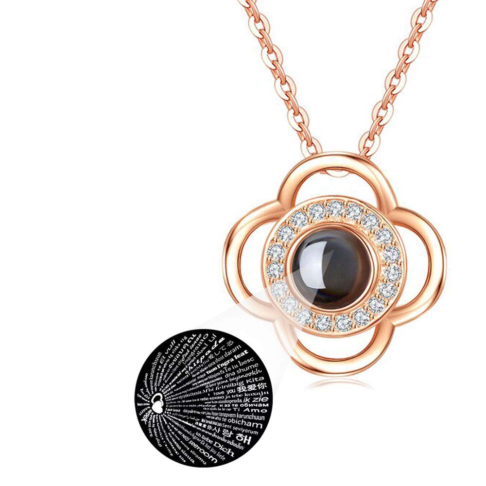 Sparkling Petal Rose Gold Plated Zircon Flower Pendant with Chain for Girls