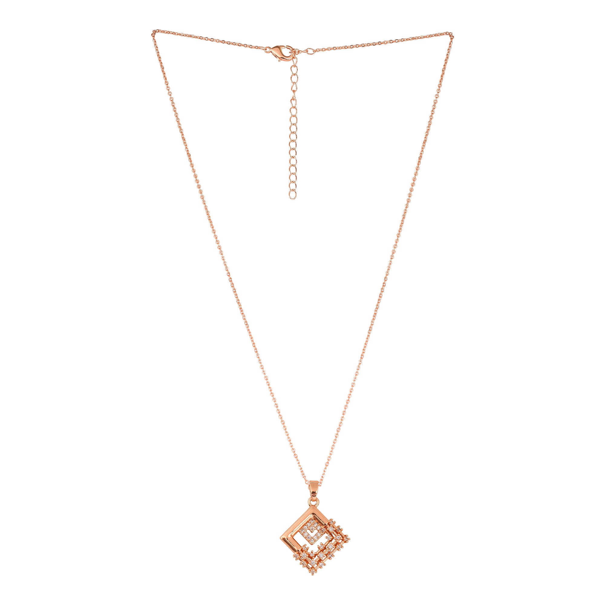 American Diamond Rose Gold Plated Designer Pendant Necklace Set with Chain & Stud Earring for Girls and Women