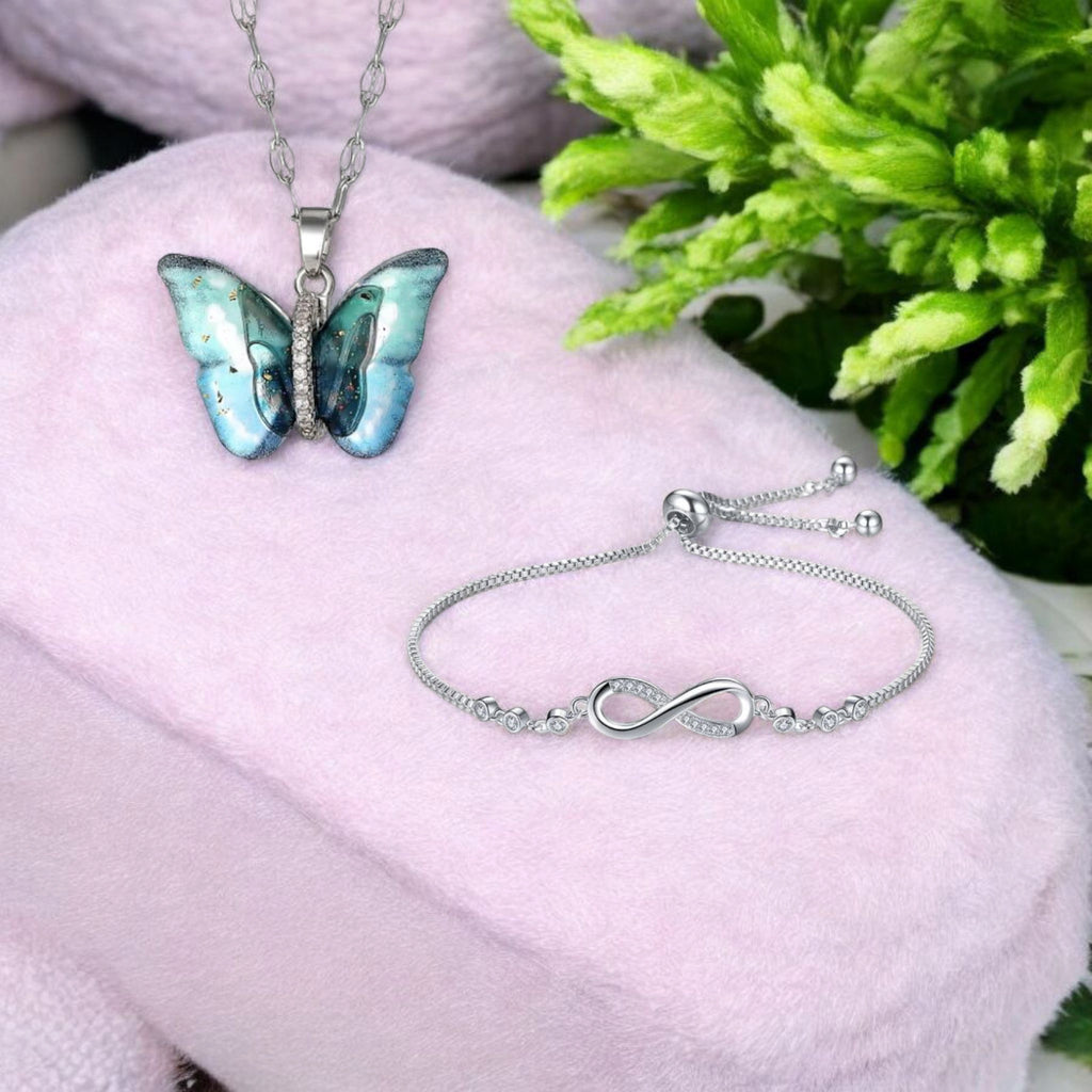 Combo of Butterfly Pendant Necklace and Infinity Bracelet for Women & Girls | Neck Chain | Locket | Modern Design | Fancy & Stylish Accessories for Everyday Wear (Silver)