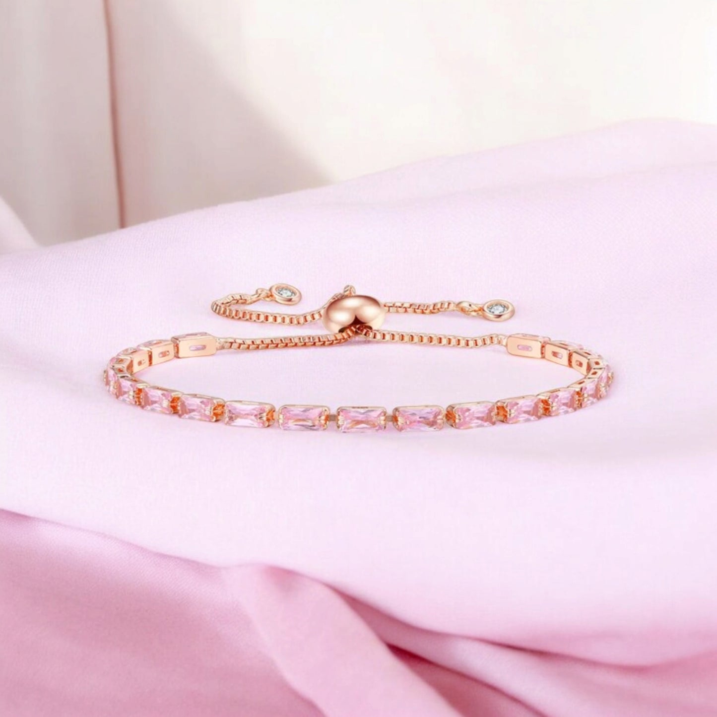 Rose Gold Plated Cubic Zirconia Adjustable Bracelet, Stylish Fashion Jewellery Gift for Girls & Women (Pink)