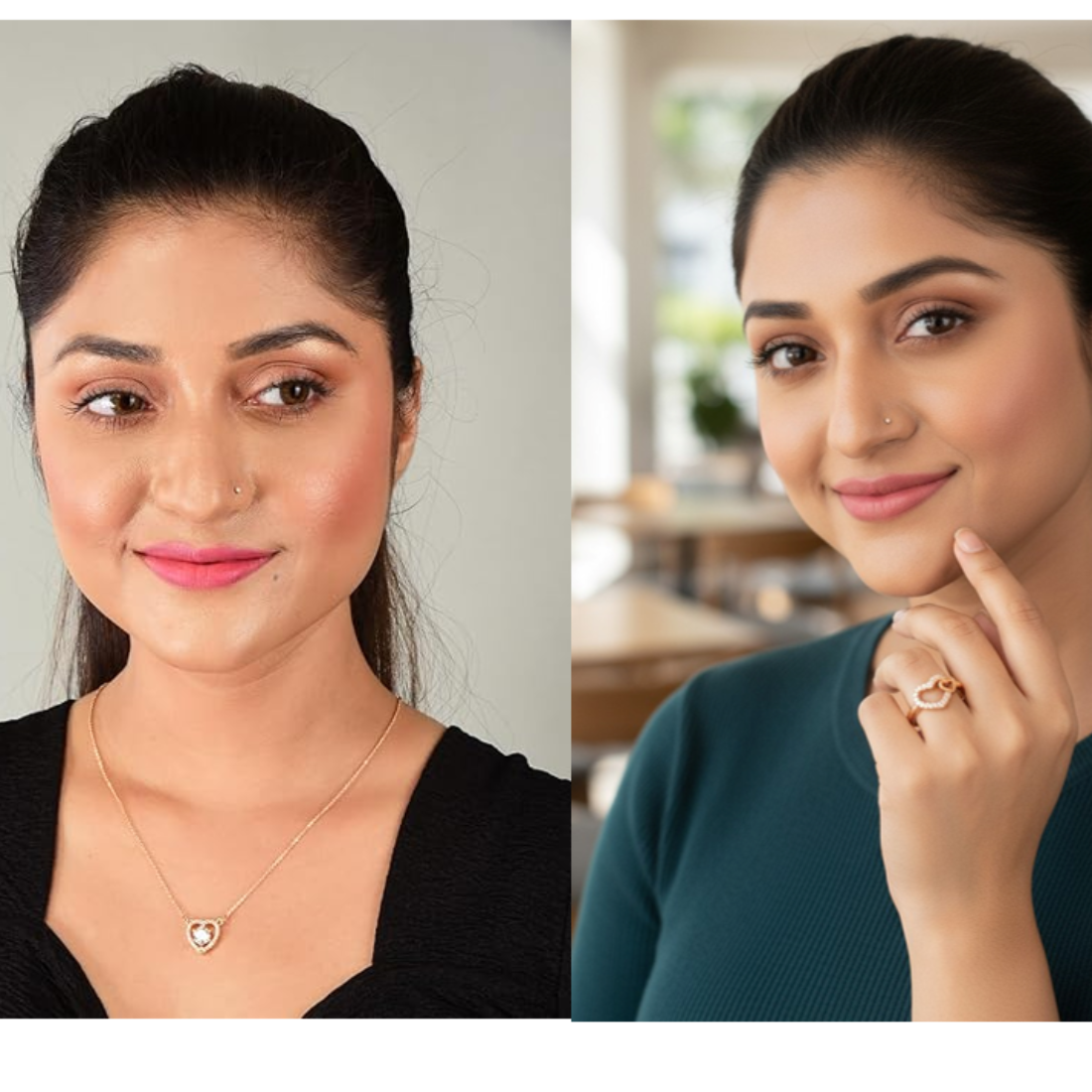 Nilu's Collection Rose Gold Plated Heart Pendant and  Finger Ring With American Diamond for Women & Girls