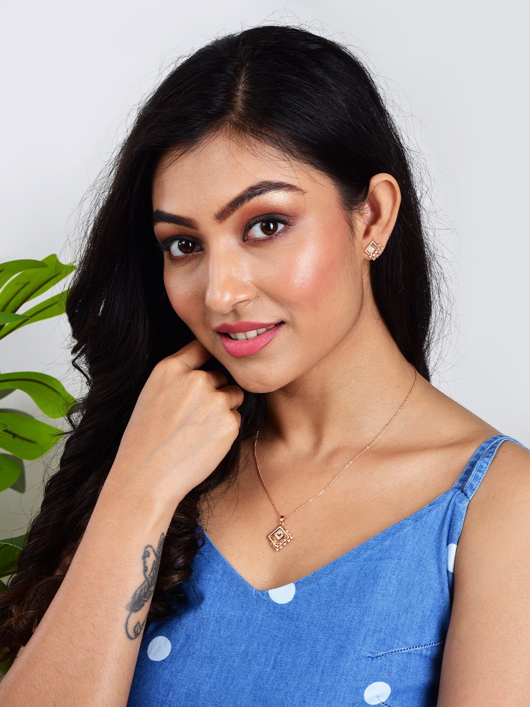 American Diamond Rose Gold Plated Designer Pendant Necklace Set with Chain & Stud Earring for Girls and Women