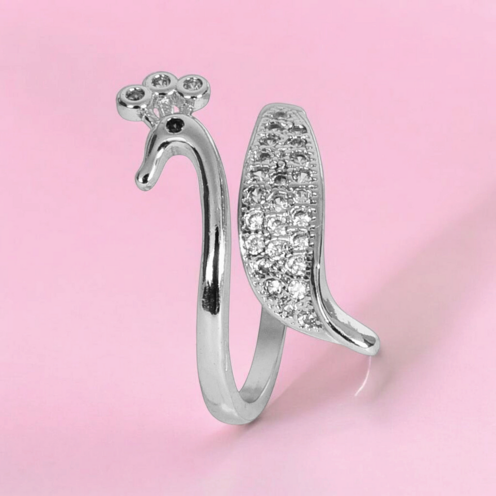 Silver Plated Elegant American Diamond Studded Sparkling Adjustable Finger Ring for Women and Girls