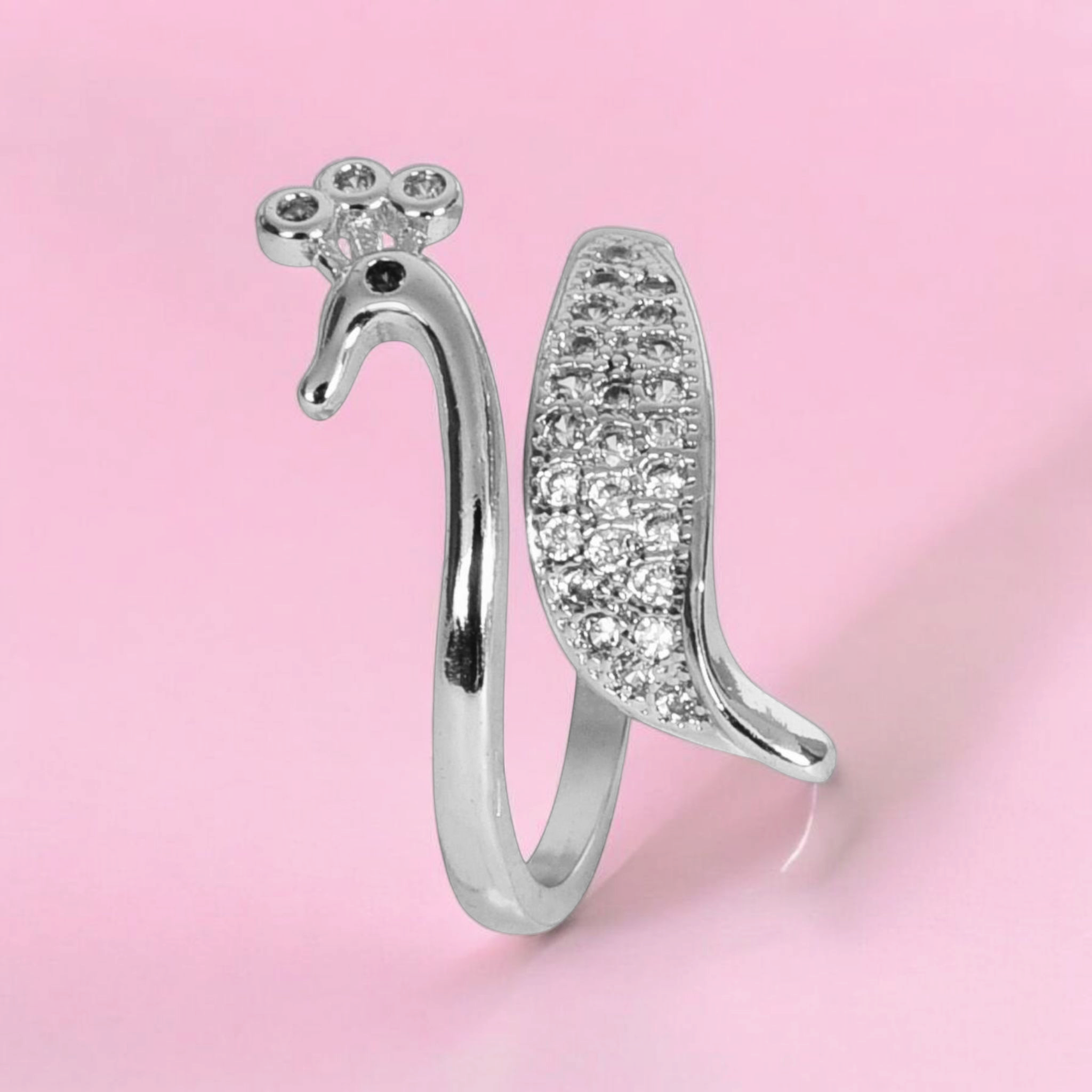 Silver Plated Elegant American Diamond Studded Sparkling Adjustable Finger Ring for Women and Girls