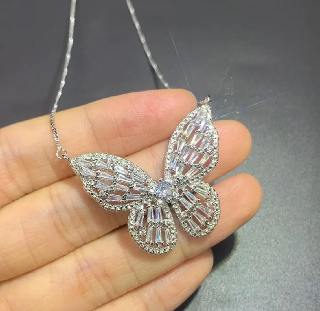 Silver Plated Zircon Butterfly Pendant with Chain for Women and Girls, Gift Jewelry for Her
