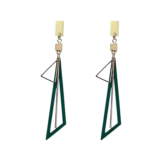 Hollow Triangle Long Earrings Geometric Drop Jewellery for Women and Girls (Green & Gold) Alloy, Zinc Drops & Danglers