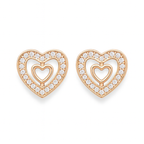 Nilu's Collection Rose Gold Plated Double Heart Stud Earrings with American Diamond For Women And Girls | Anti-Tranish | Anti-Allergy | Office Wear