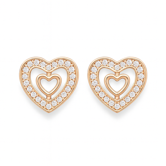 Nilu's Collection Rose Gold Plated Double Heart Stud Earrings with American Diamond For Women And Girls | Anti-Tranish | Anti-Allergy | Office Wear