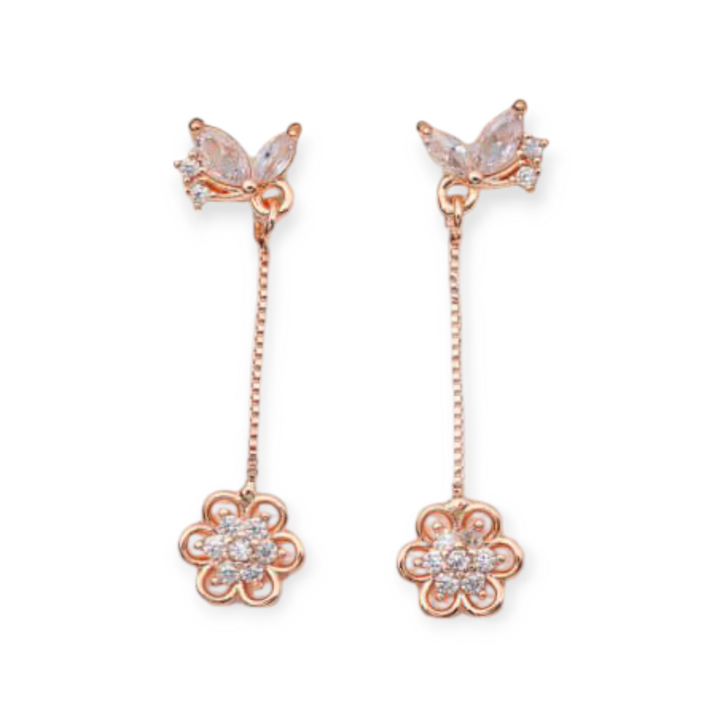 Elegant Rose Gold Floral Drop With American Diamond Earrings with Butterfly Studs For Girls And Women |Gifts For Girls | Marriage Gifts |
