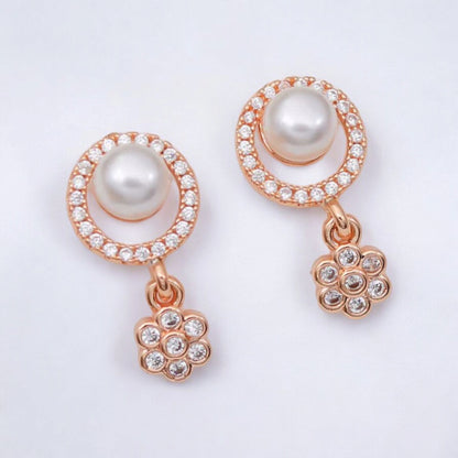 Simulated Pearl Drop Earrings for Women, Cubic Zirconia Pearl Beads Earring, Rose Gold