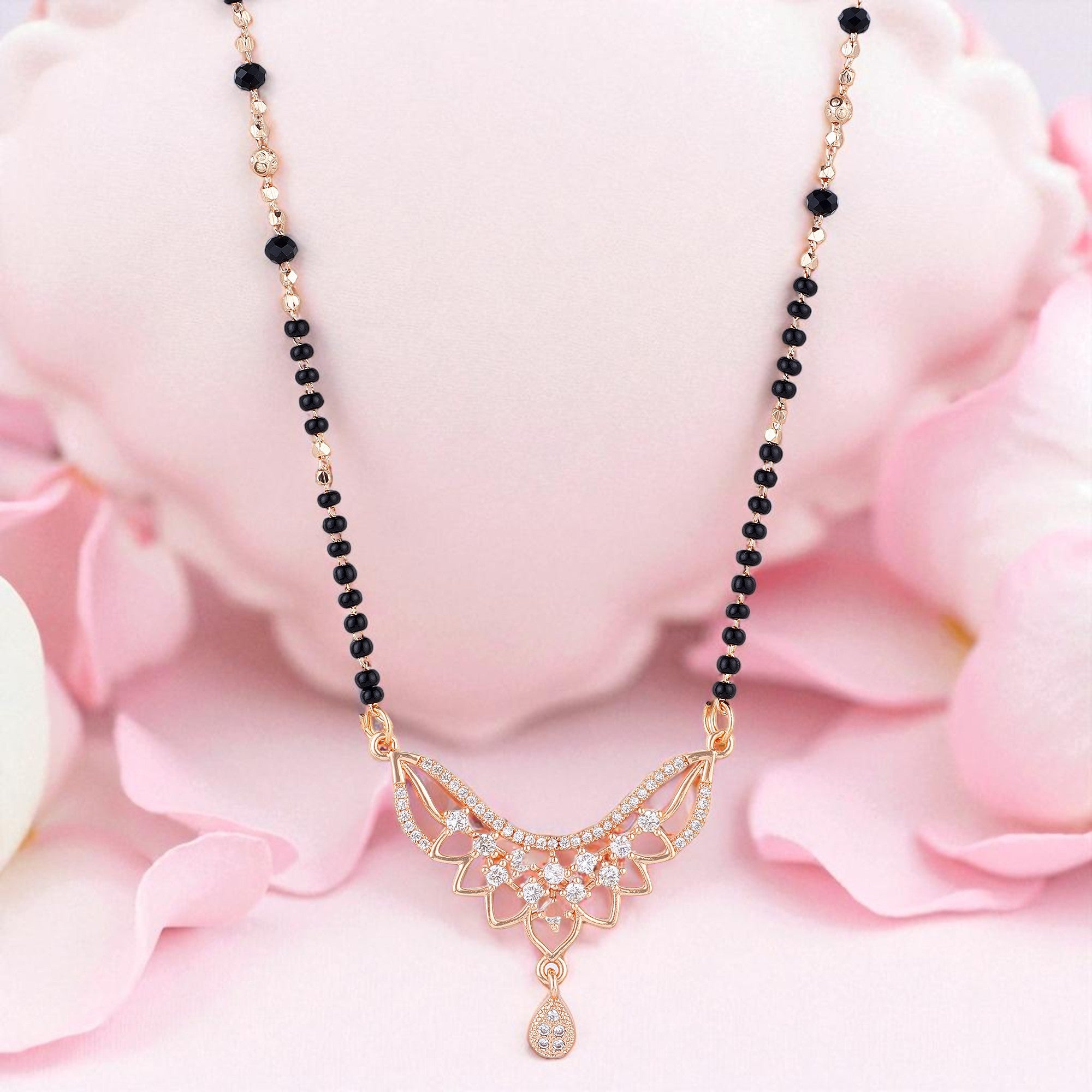 Nilu's Collection Rose Gold Plated CZ Stones Mangalsutra with Black Beads for Women