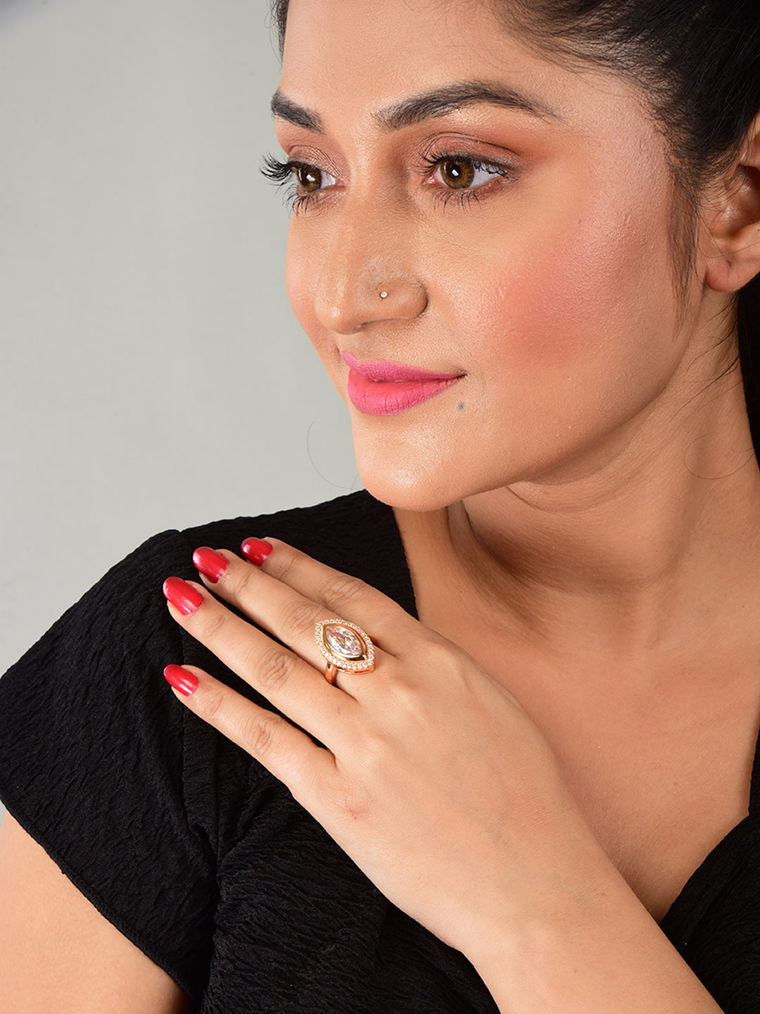 Rose Gold Plated Studded with American Diamond Wedding/Anniversary Ring for Women (Adjustable)