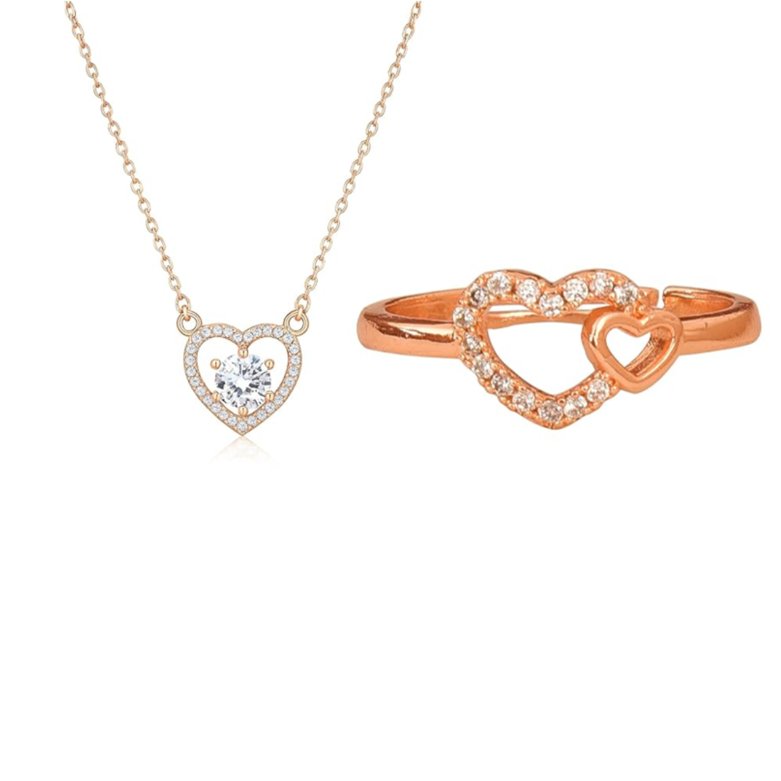 Nilu's Collection Rose Gold Plated Heart Pendant and  Finger Ring With American Diamond for Women & Girls