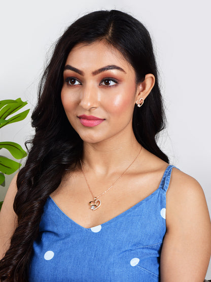 American Diamond Rose Gold Plated Love Shaped Pendant Necklace Set with Chain & Stud Earring for Girls and Women